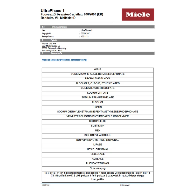 Miele UltraPhase 1 mosószer WA UP1 1402 L